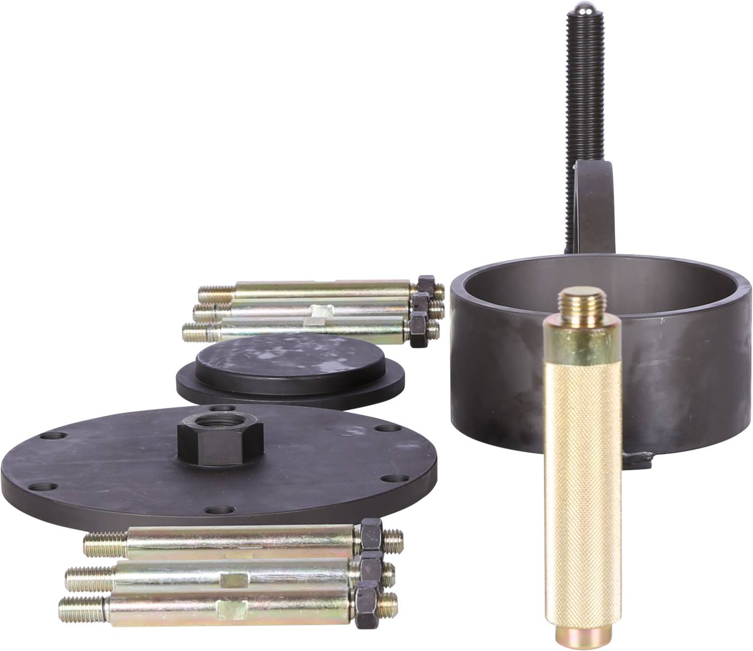 A set of screws and metal components, including a large shaft, a round plate, and several bolts, arranged on a white background.