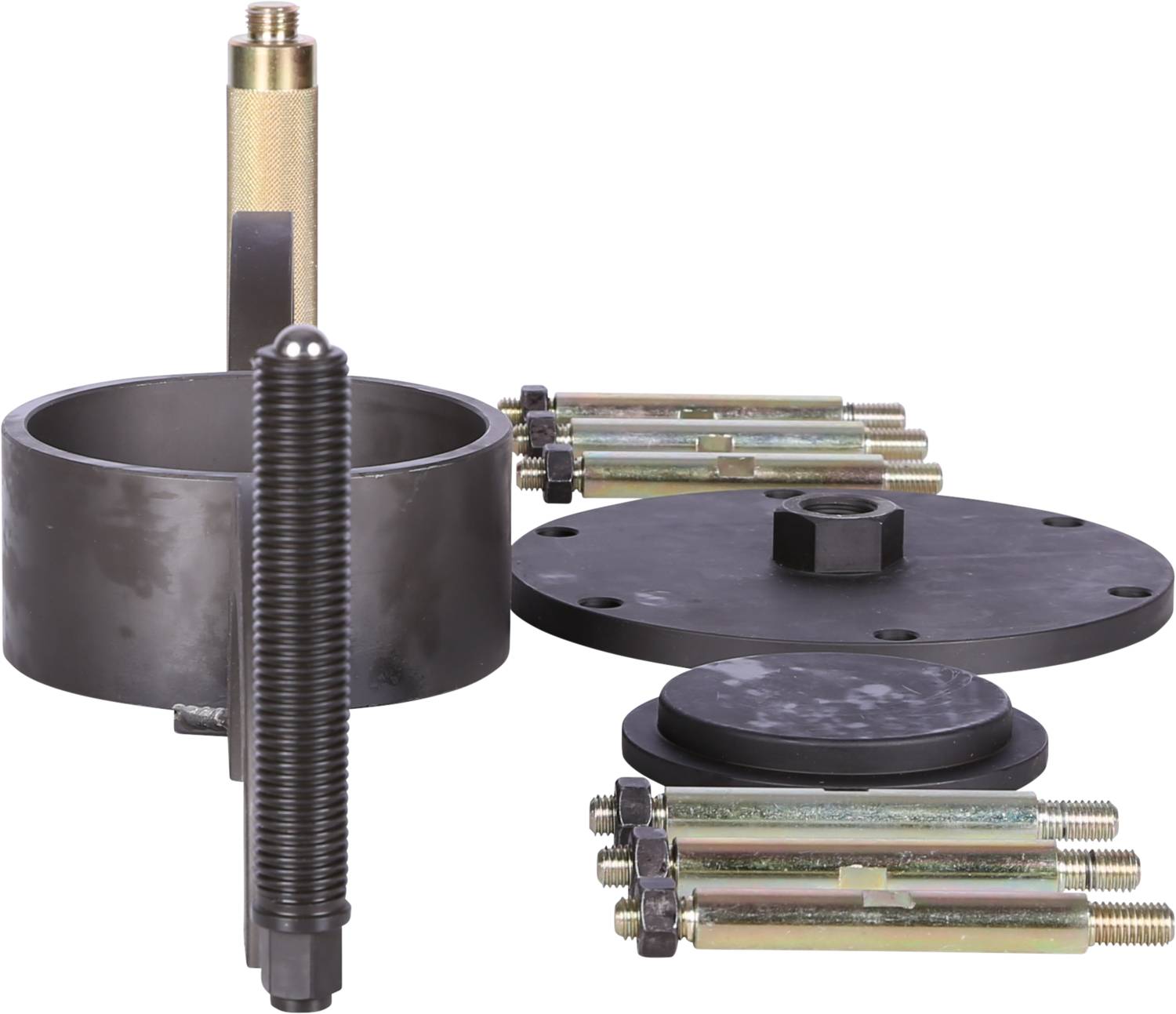 Metal components of an assembly tool kit, including screws, a cylindrical holder and a round base, against a white background.