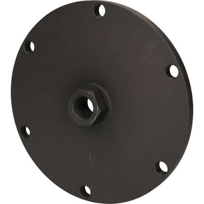 A round, black metal plate with a central hexagonal opening and several holes around the edge for mounting.