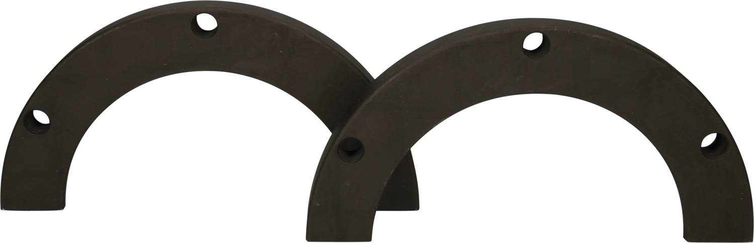 Two semi-circular, dark brown metal parts with holes, positioned side by side.