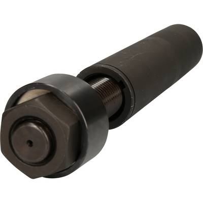 A black, cylindrical metal bolt with a hexagonal head and a central thread. Suitable for technical applications.