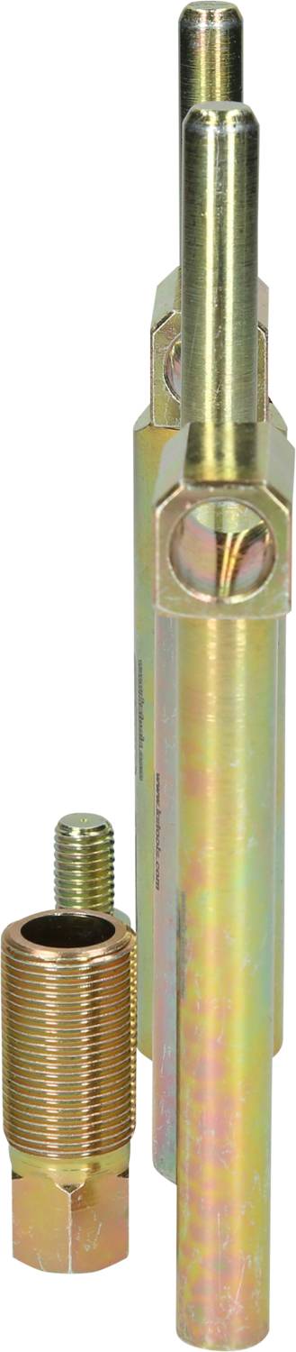 Two metallic tools, one longer and slender, the other shorter and broader, both fitted with screw threads.