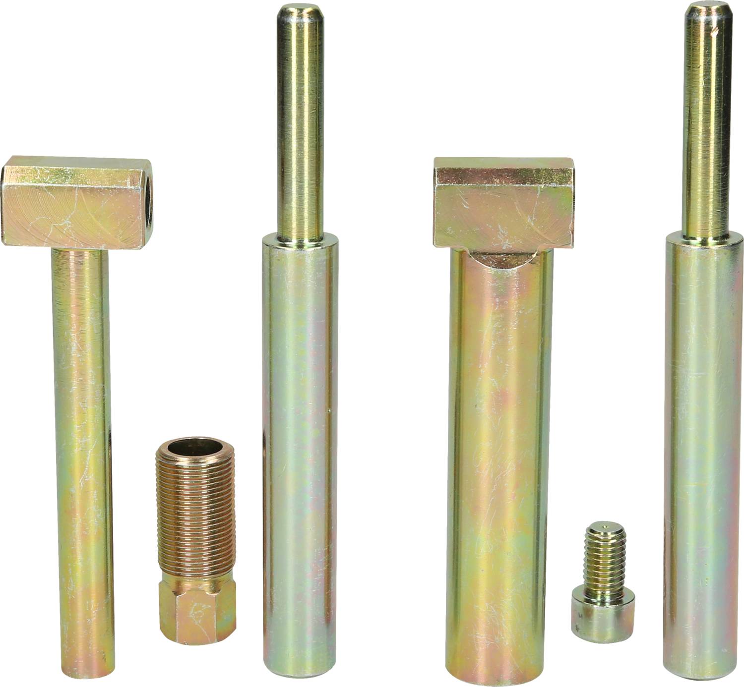 Six different screws and bolts made of metal in various shapes and sizes, standing upright on a white background.