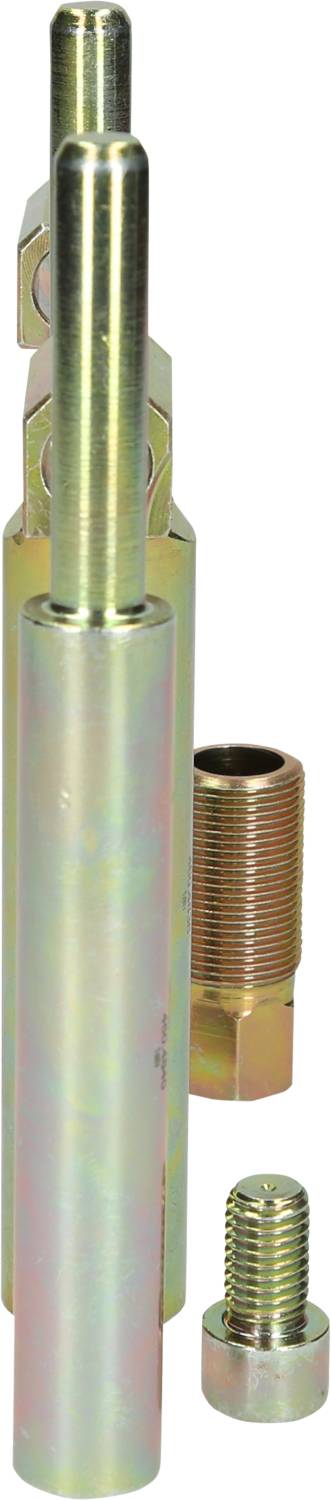 Two cylindrical metal tools with screw threads, the larger one in the background and the smaller one in the foreground, standing upright.