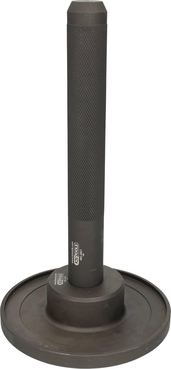 Metal device with a long cylindrical handle on a round base, possibly a specialised tool for technical applications.