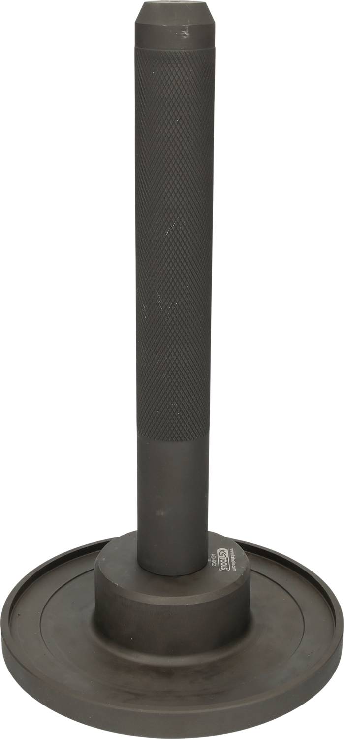 A long, cylindrical metal handle with a round, flat base at the lower end. Possibly a tool handle.