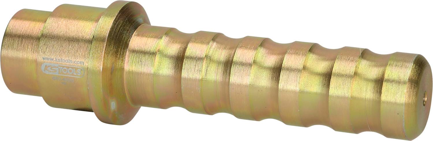 Metal hose adapter with grooves and a flange at the end. Used for pipe and hose connections.