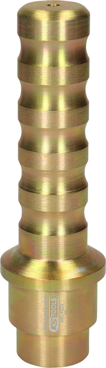 Metal hose connector for water supply, cylindrical in shape with multiple grooves for secure attachment.