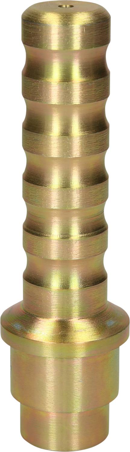 Brass hose connector with ribbed design and cylindrical form, suitable for robust connections in hydraulic systems.