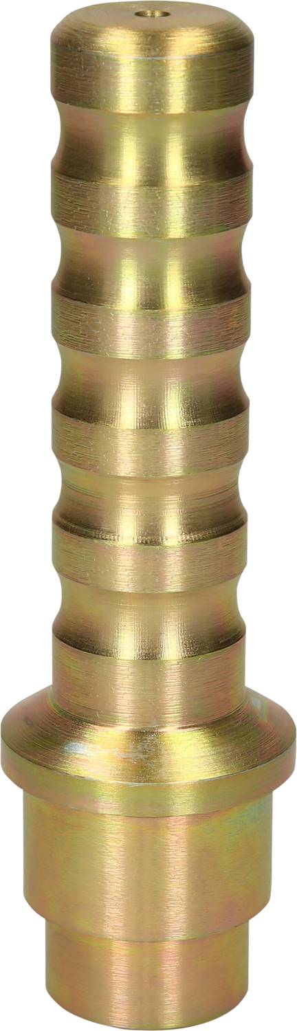 Golden brass hose connector with ribbed design, suitable for connecting hoses in industrial or domestic applications.