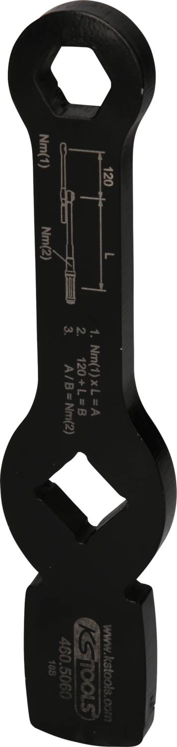 A black adjustable spanner with printed measurements and diagram. It is a tool for installing or removing parts.