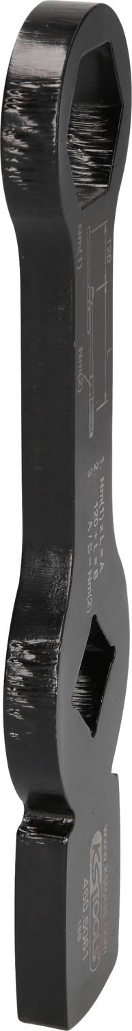 Black, metallic ring spanner with two differently sized openings at each end, used for securing screws.