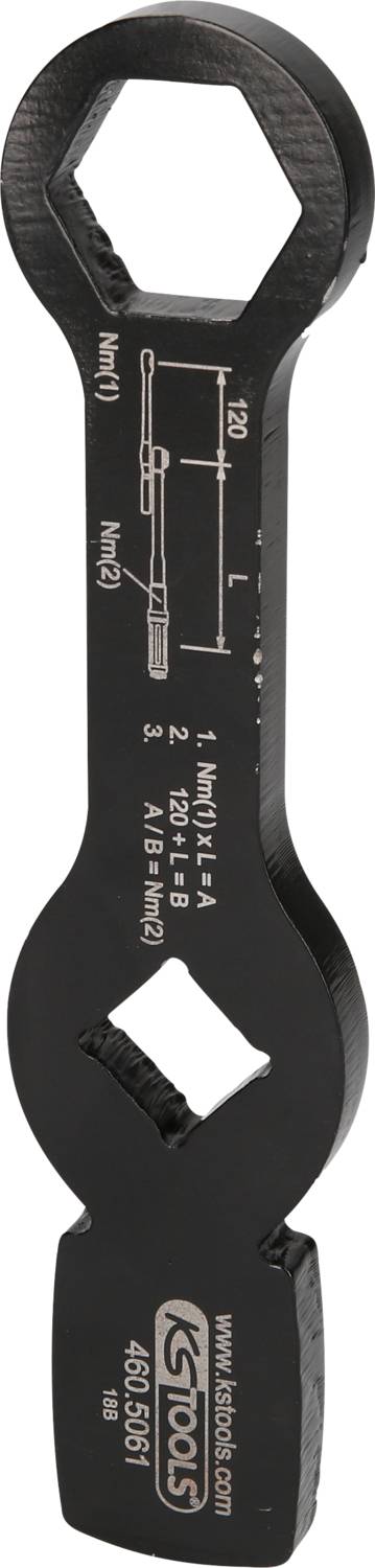 Black workshop key with built-in measuring tool and markings for size calibration.
