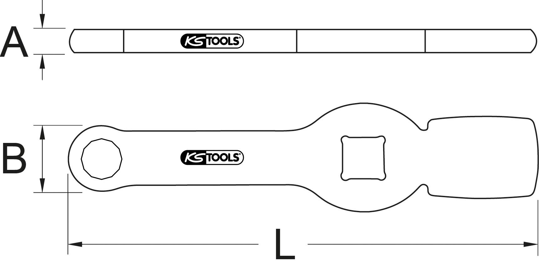 Technical drawing of a tool. Shows a hexagonal and square side. Dimensions: A for thickness, B for width, L for length.