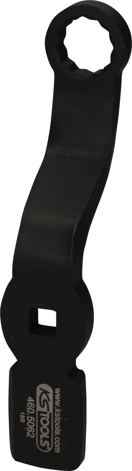 A black, curved ring spanner with a square aperture at the handle end, suitable for hard-to-reach bolted connections.