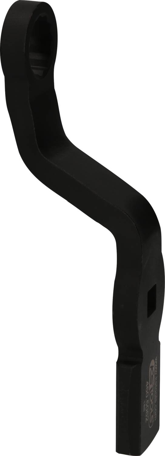 Black spanner with a curved handle, suitable for specialised mechanical applications, on a white background.