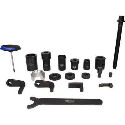 A set of black metal tools and accessories, including spanners and screwdrivers, on a white background.