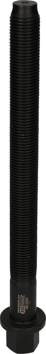 A long, black, ridged bolt with a hexagonal nut at its lower end, standing upright.