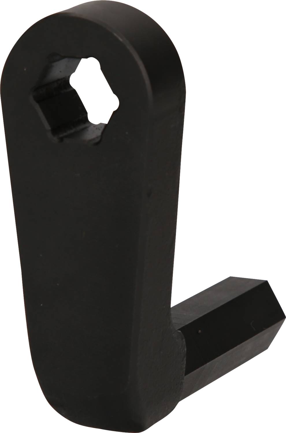 Black, metallic lever with a hexagonal opening at the upper end, possibly part of a tool or machine accessory.