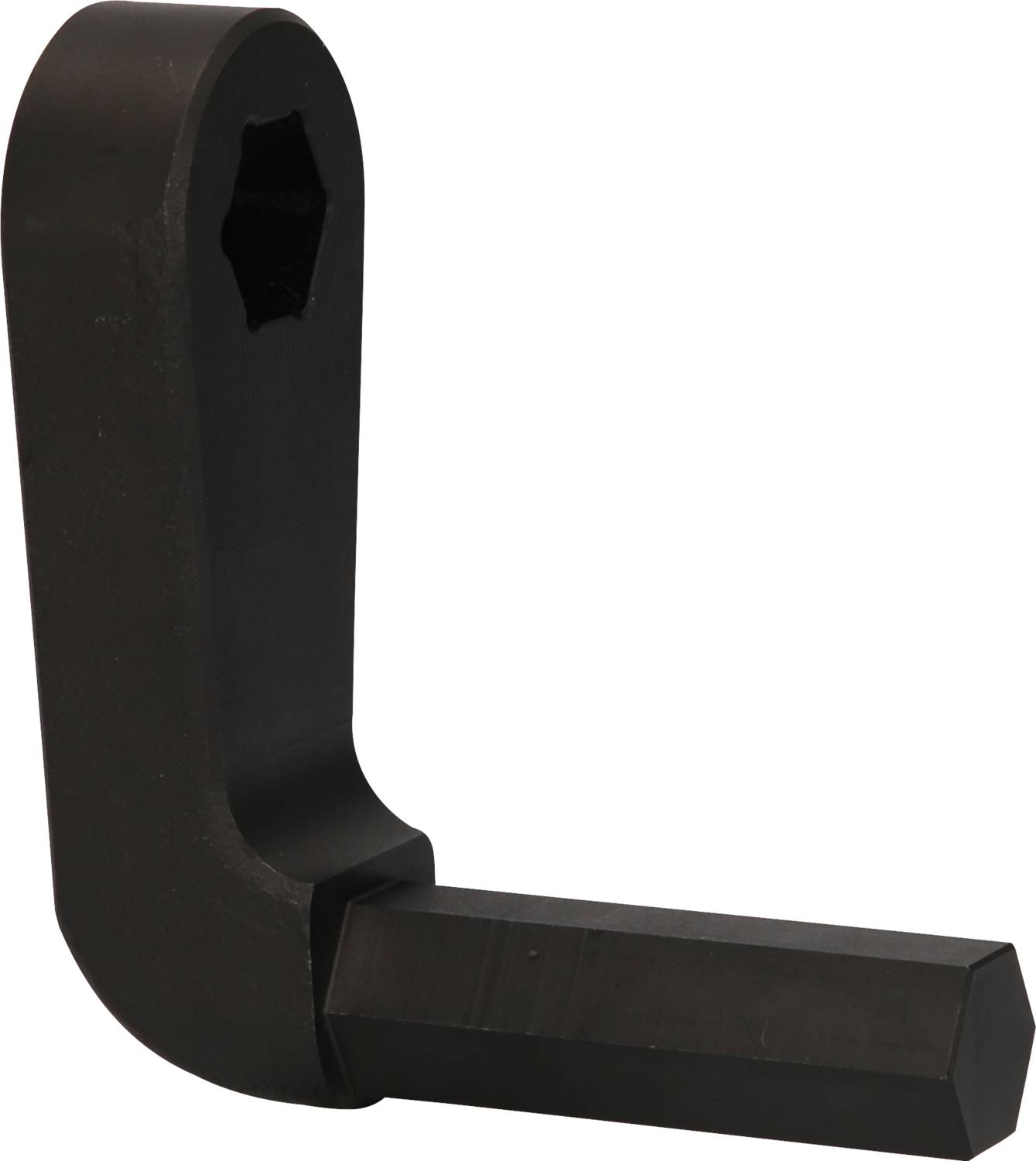 Metallic L-shaped key with a hexagonal hole, black. Commonly used for tightening or loosening screws.