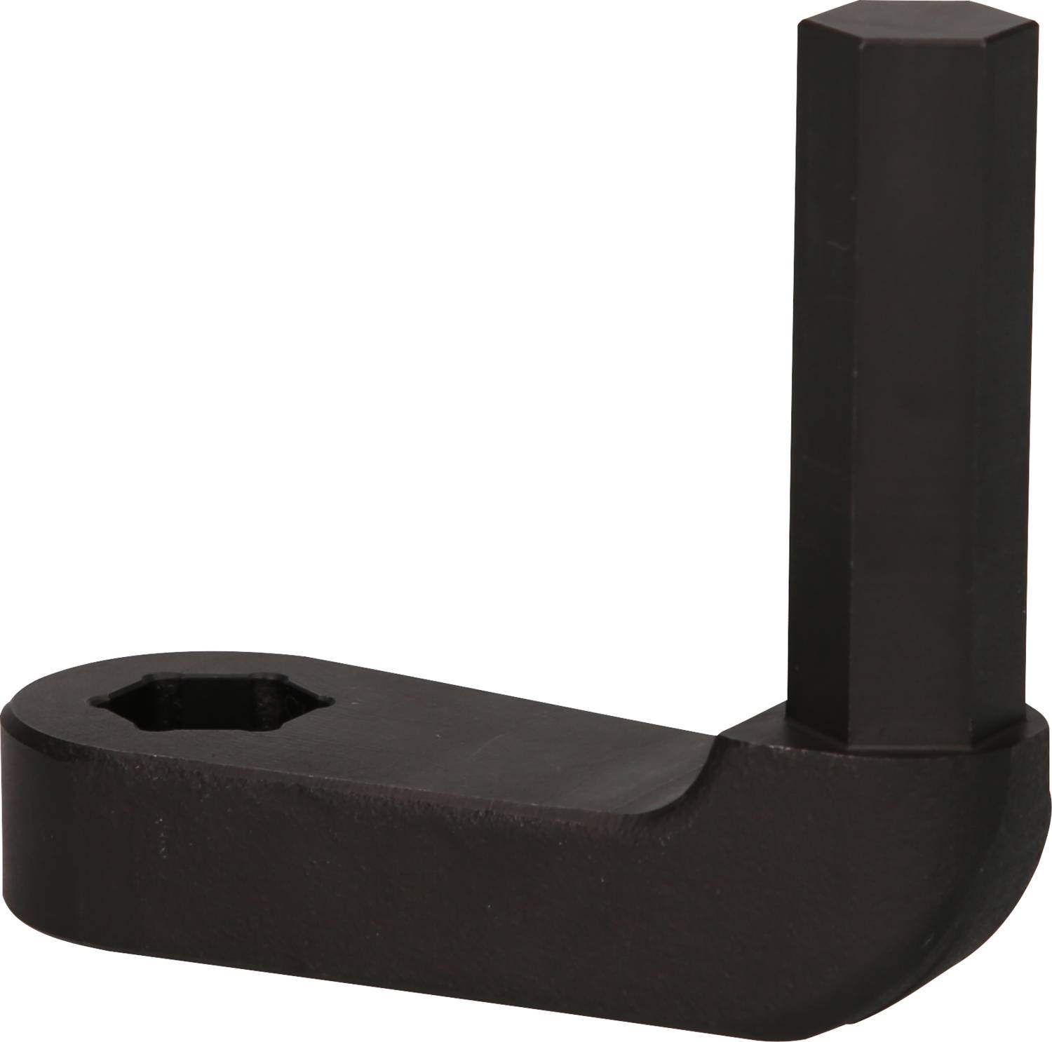 Black metal tool with a hexagonal handle and rectangular base, used for tightening or loosening screws.