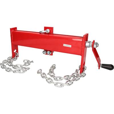 Red lifting device with chains and crank, used for hoisting heavy loads, red in colour, metallic construction.