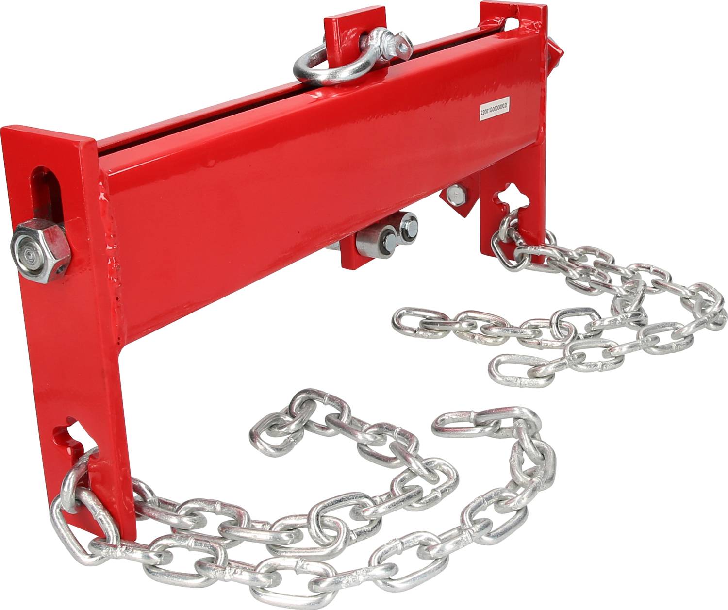 Red metal beam with eyelets and two long chains. Used for fixing or lifting applications in industrial environments.