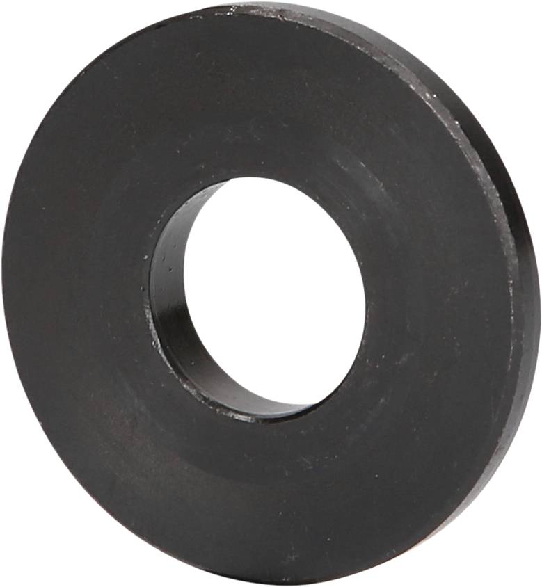 Black round metal washer with a central hole, viewed from the side.