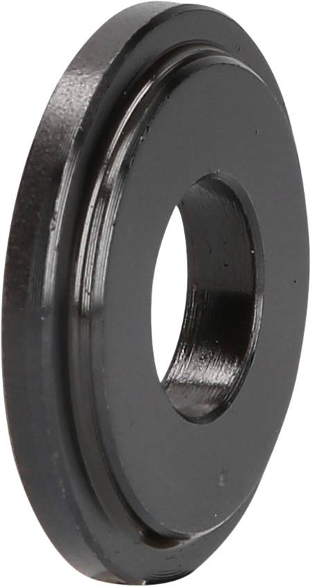 A flat, round metal washer with a cylindrical hole in the centre, viewed from the side.