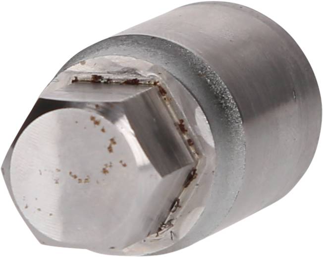 Cylindrical, metallic grey object with a bevelled head and visible technical details, potentially a machine component.