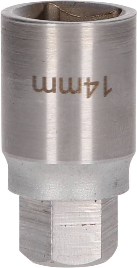 Silver metallic hexagonal socket, printed with '14 mm'. Used for screwdrivers or ratchets to secure screws.