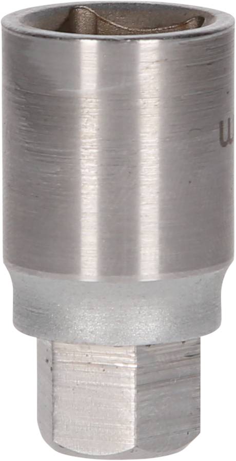 Metal socket with hexagonal opening, suitable for tightening or loosening nuts or bolts.