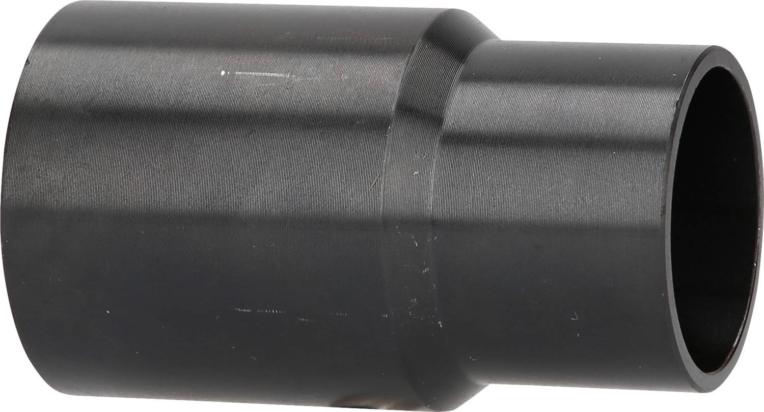 Black cylindrical metal tube with a smooth surface and a narrowing in the middle, suitable for technical applications.