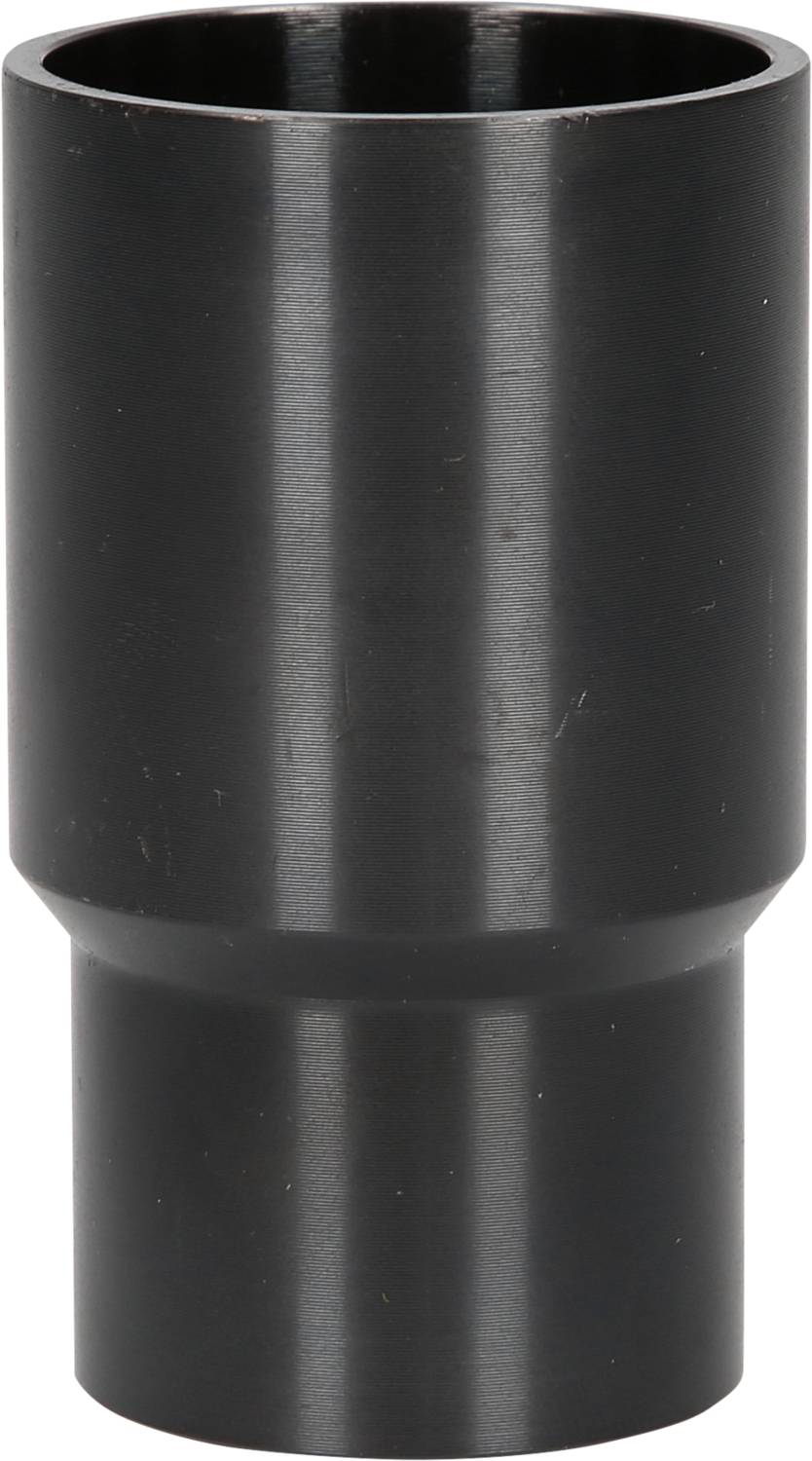 Black metal cylindrical adapter. Connects larger and smaller pipe diameters.