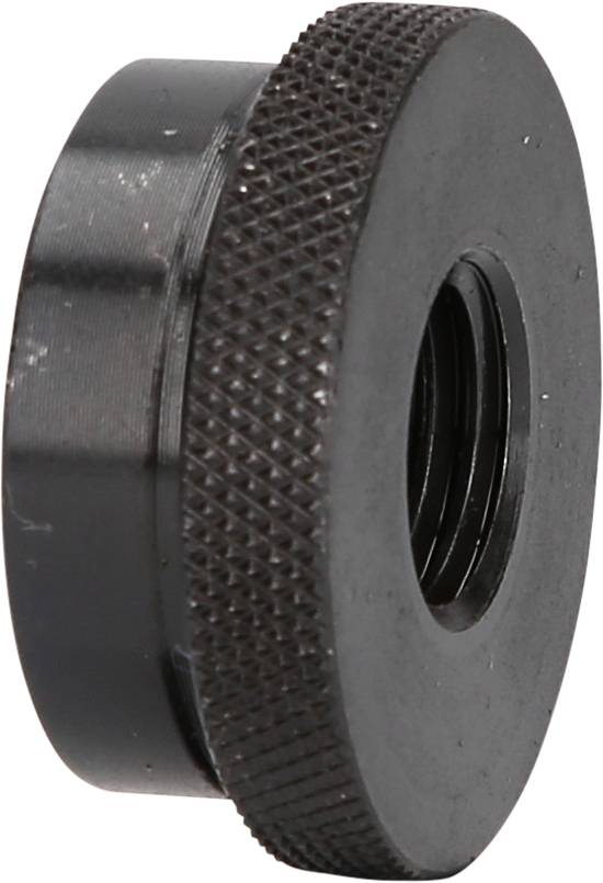 Black, ridged metal ring with internal threaded screw, potentially part of a mechanical or industrial device.