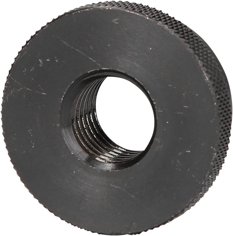 A black, cylindrical metal thread with a knurled edge to facilitate gripping and a central bore.
