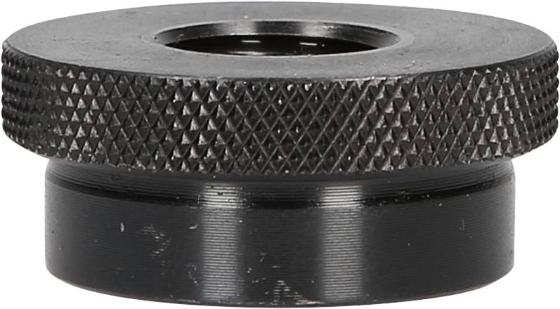 Black, round metal screw with a ridged surface and central hole, used for connecting machine or electronic components.