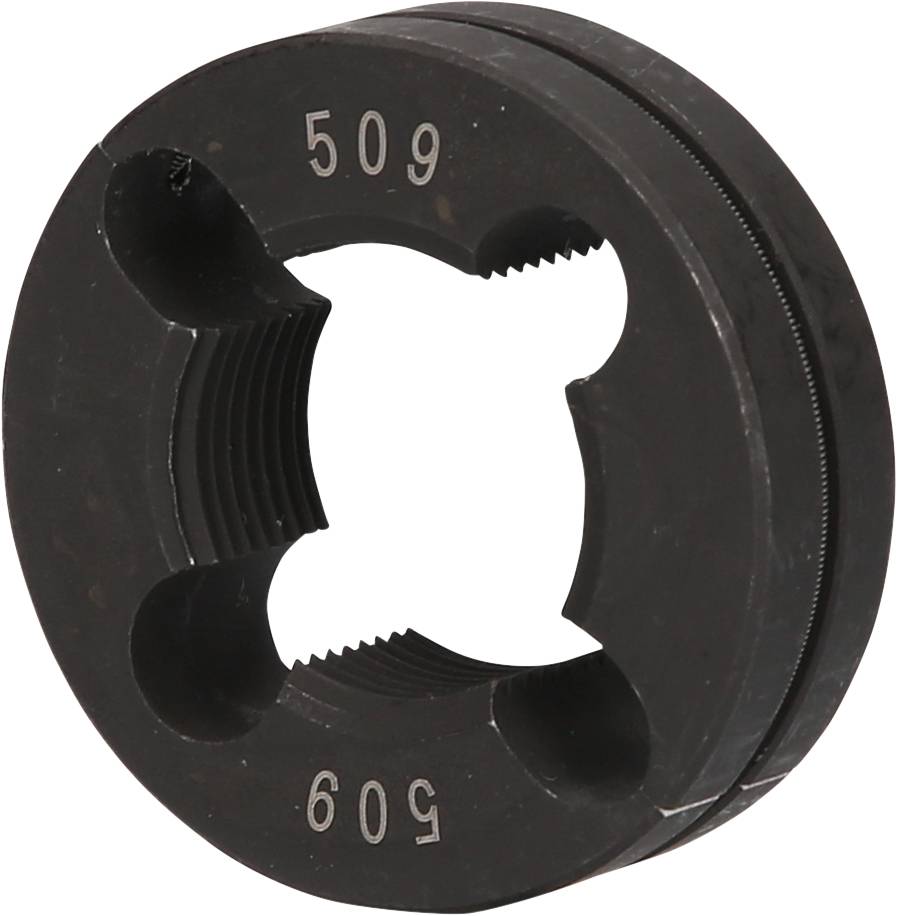 'Round thread-cutting head with internal thread and numbers 509 and 609, used for manufacturing external threads on pipes or rods.'