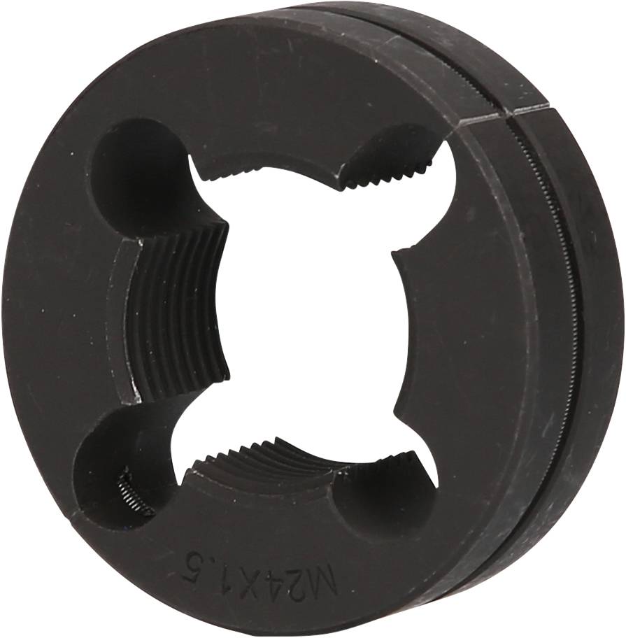 A round, black thread-cutting plate marked 'M24x1.5', used for creating external threads on workpieces.