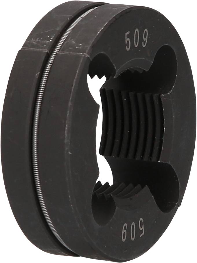 'Black metal threading insert, round, with recesses and the number 509.'