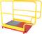 Yellow and red safety platform with handrails and a mesh floor, used as a protective device for lifting platforms or work platforms.