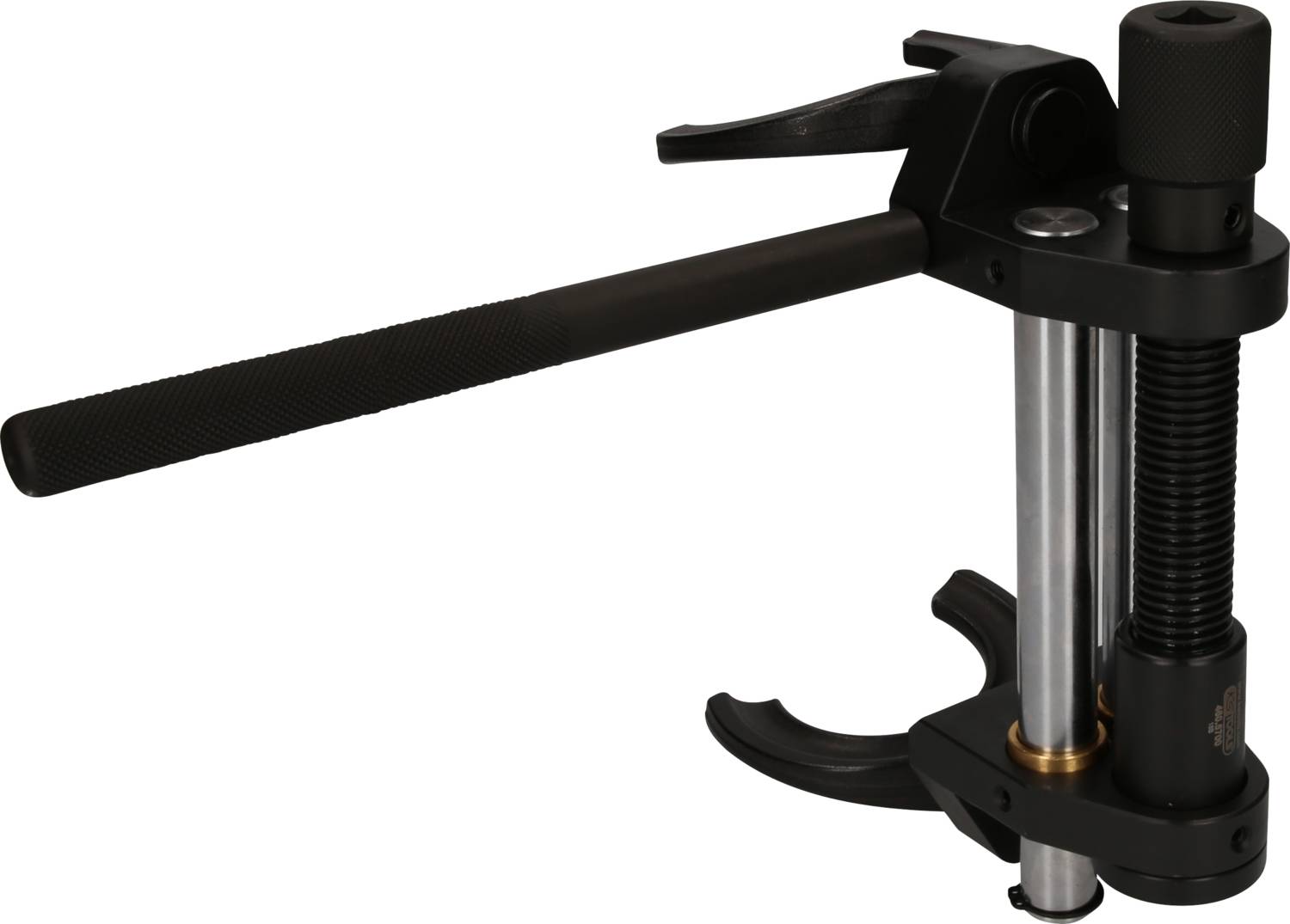 A black vice with a long handle, two parallel metal bars and a lever mechanism for gripping workpieces.
