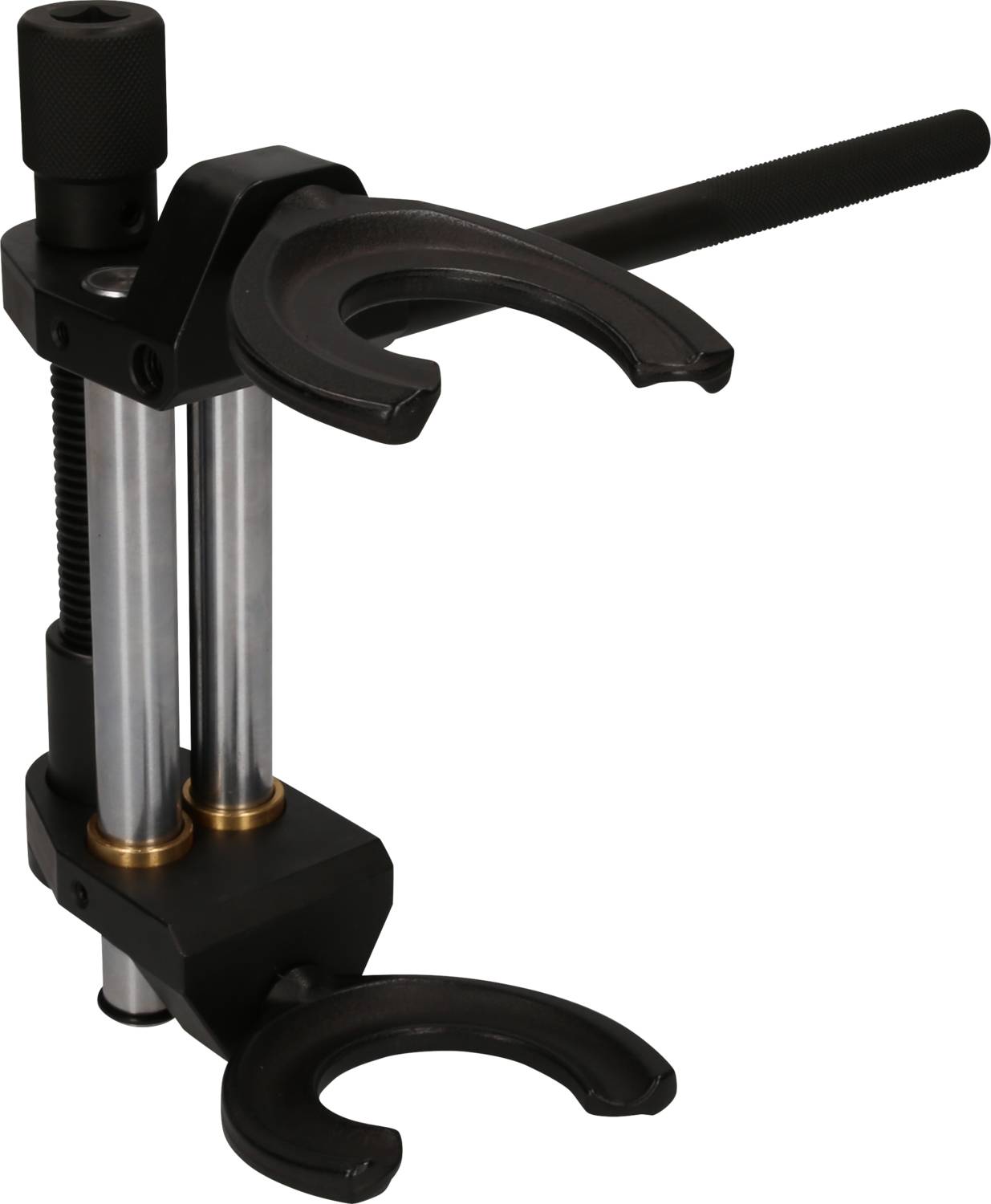 A metallic tool with two curved gripping arms and a handle, likely used for gripping or holding objects.