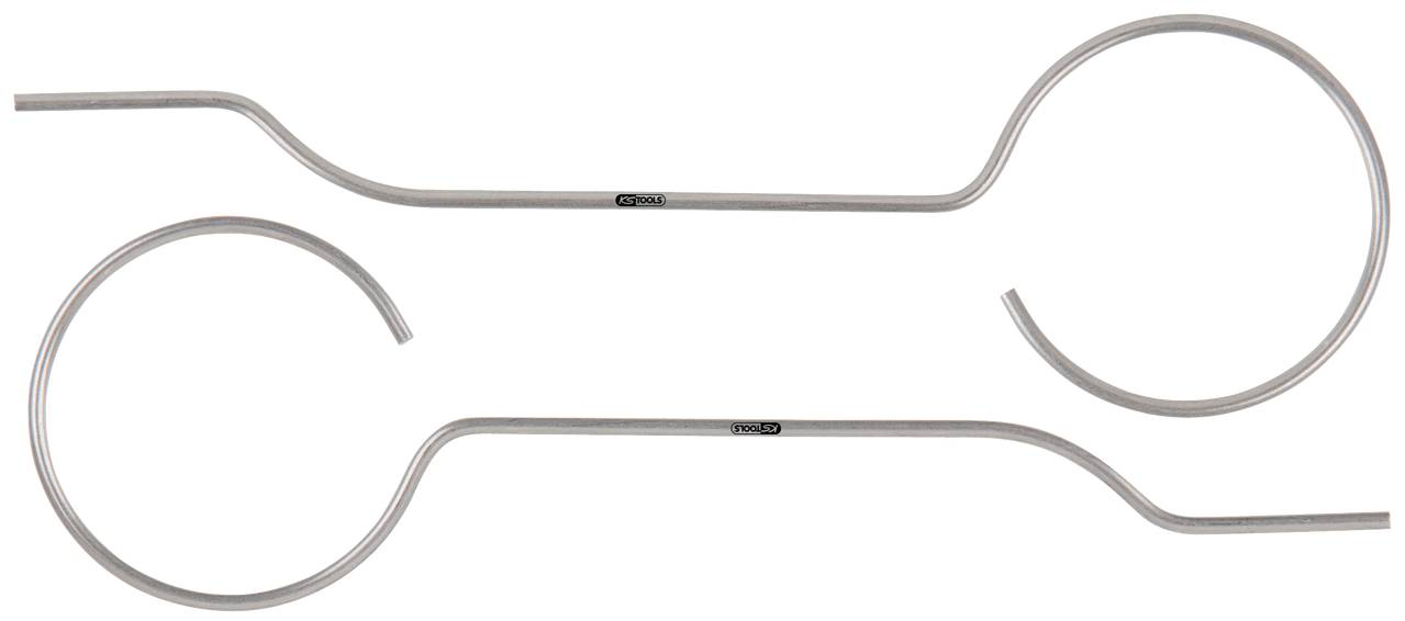 Two silver, S-shaped metal hooks side by side, the upper end opening in a circular shape, the lower end pointing outwards.