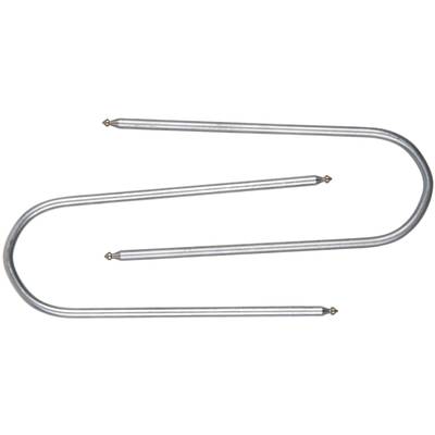 A metallic U-shaped pipe that tapers to a point at both ends. It appears to be part of a device or machine.