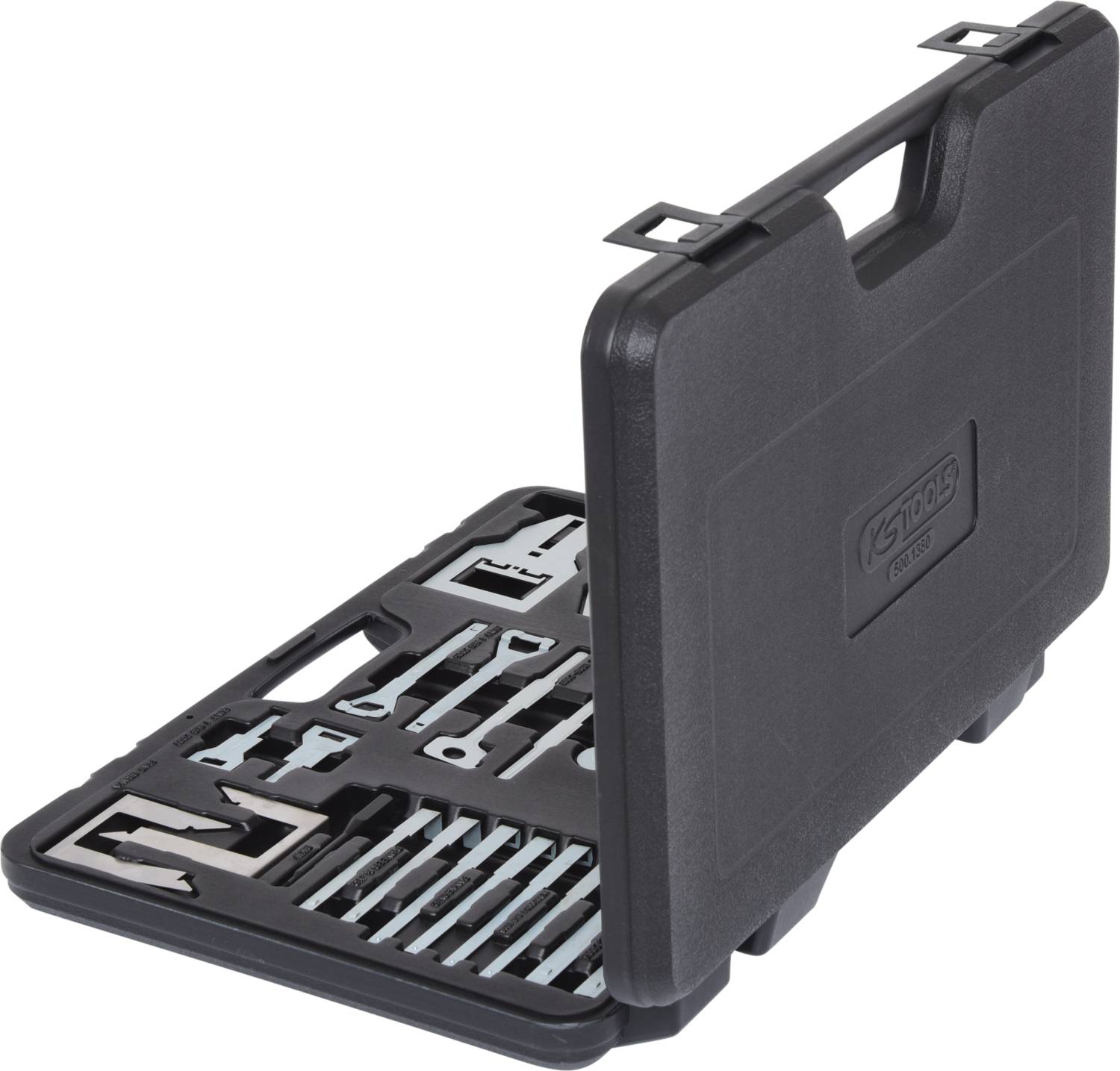 An opened black toolbox with various tools, including spanners and bits, neatly arranged.