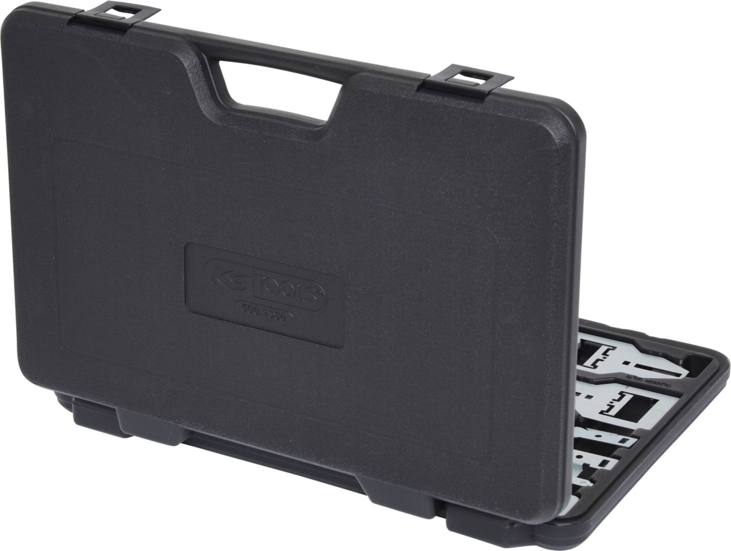 Black plastic toolcase opened, revealing organised tool inserts inside.