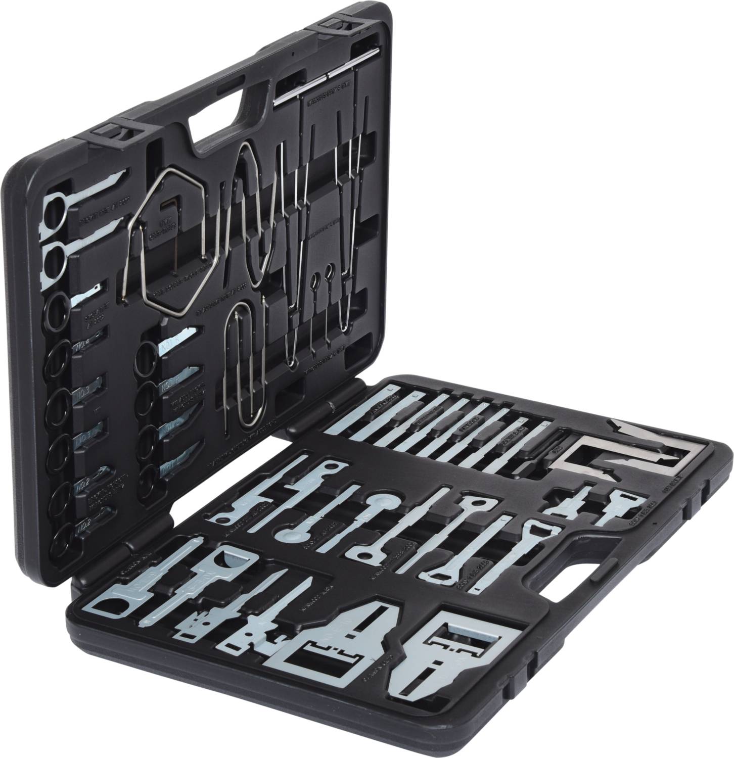 An open toolbox containing various metal tools in moulded holders, including spanners and bits.