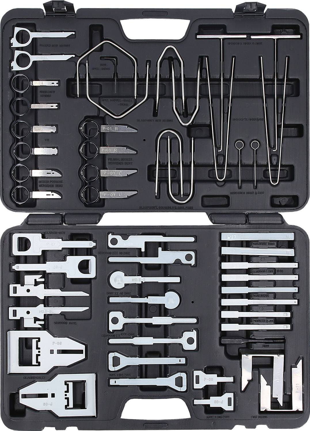 'Set of automotive tool clamps and rods in an opened black plastic case; various sizes and shapes.'