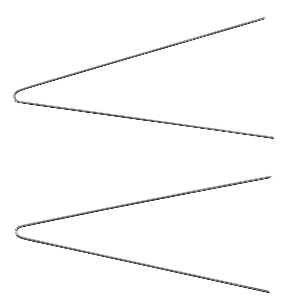 Two straight metal rods arranged in a V-shape, running parallel with pointed ends facing outwards.